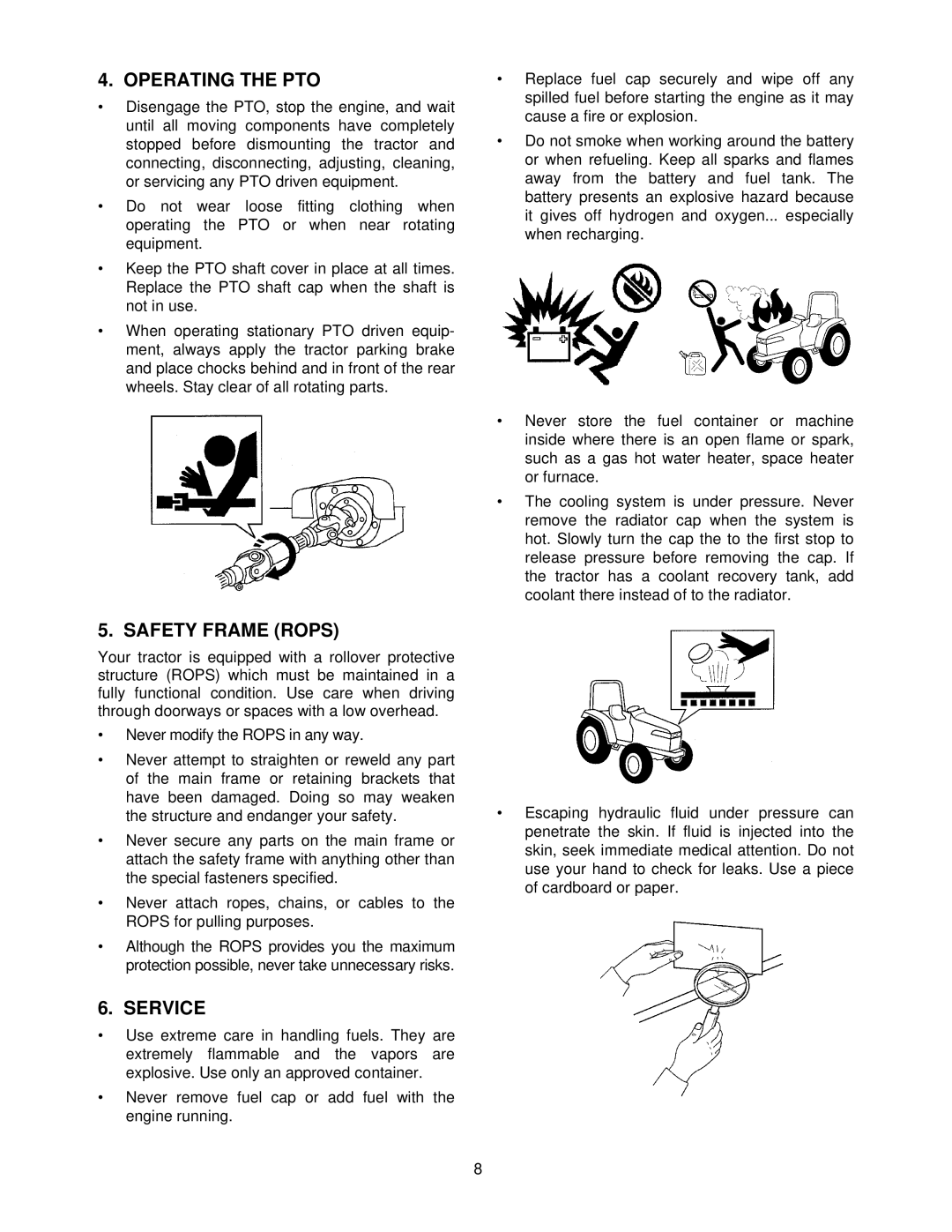 Cub Cadet 8404 manual Operating the PTO, Safety Frame Rops, Service 