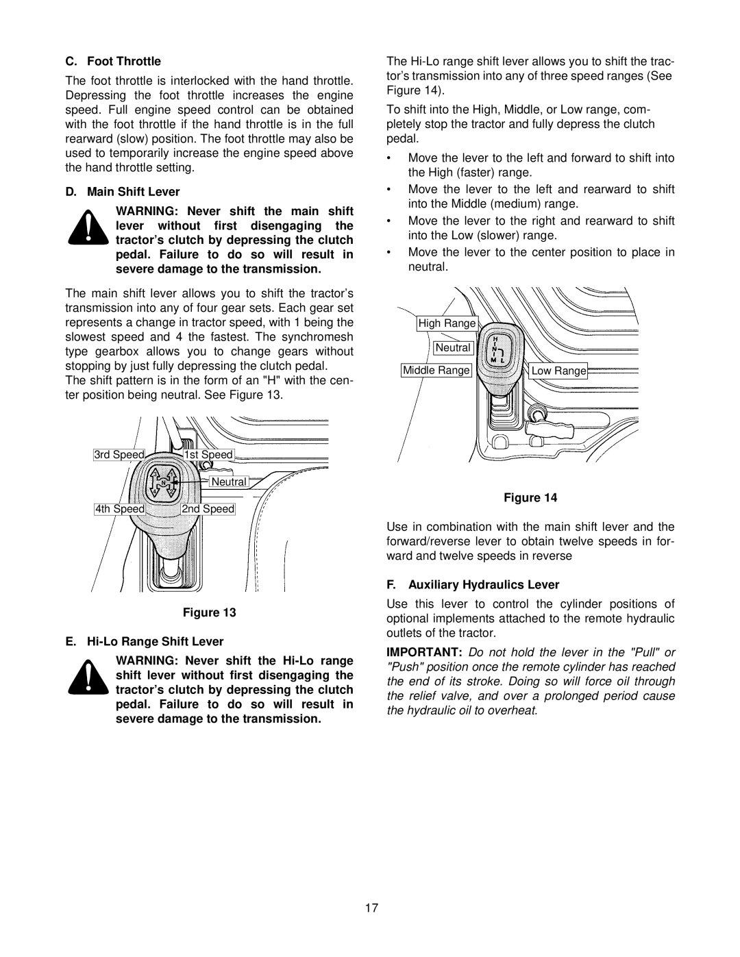 Cub Cadet 8454 manual Foot Throttle, Main Shift Lever, Hi-Lo Range Shift Lever, Auxiliary Hydraulics Lever 