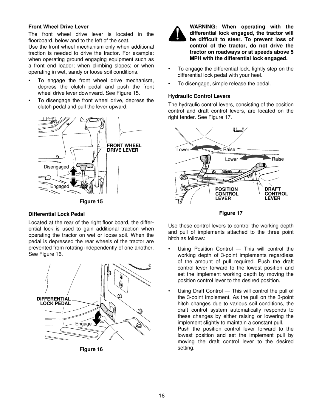 Cub Cadet 8454 manual Front Wheel Drive Lever, Differential Lock Pedal, Hydraulic Control Levers 