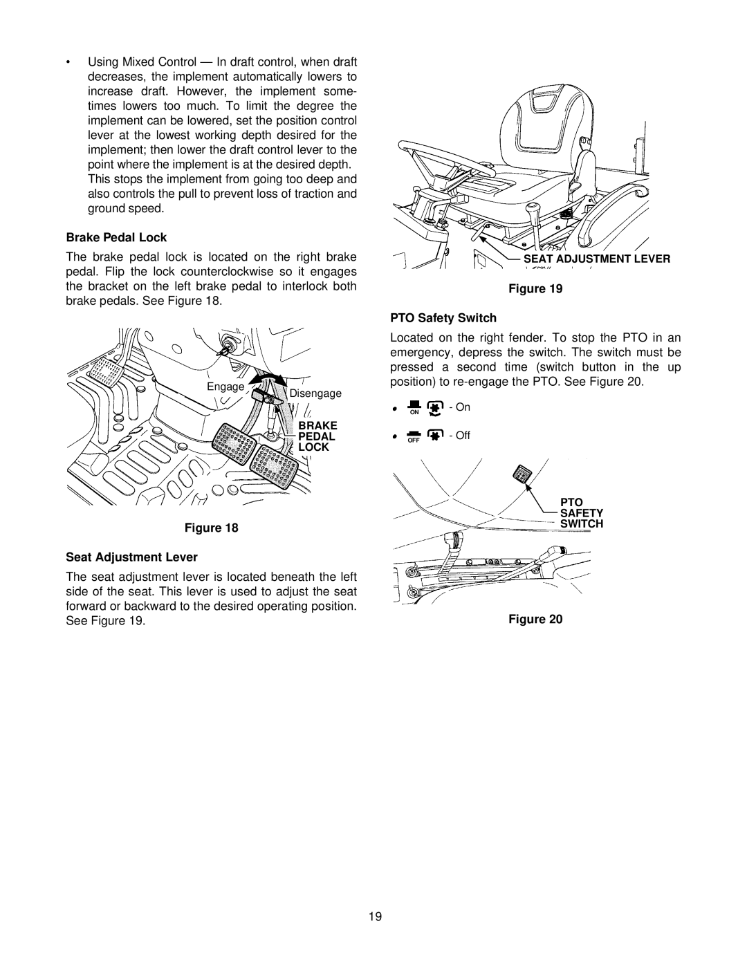 Cub Cadet 8454 manual Brake Pedal Lock, PTO Safety Switch, Seat Adjustment Lever 