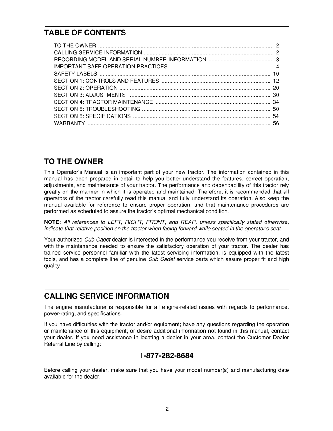 Cub Cadet 8454 manual Table of Contents, To the Owner, Calling Service Information 