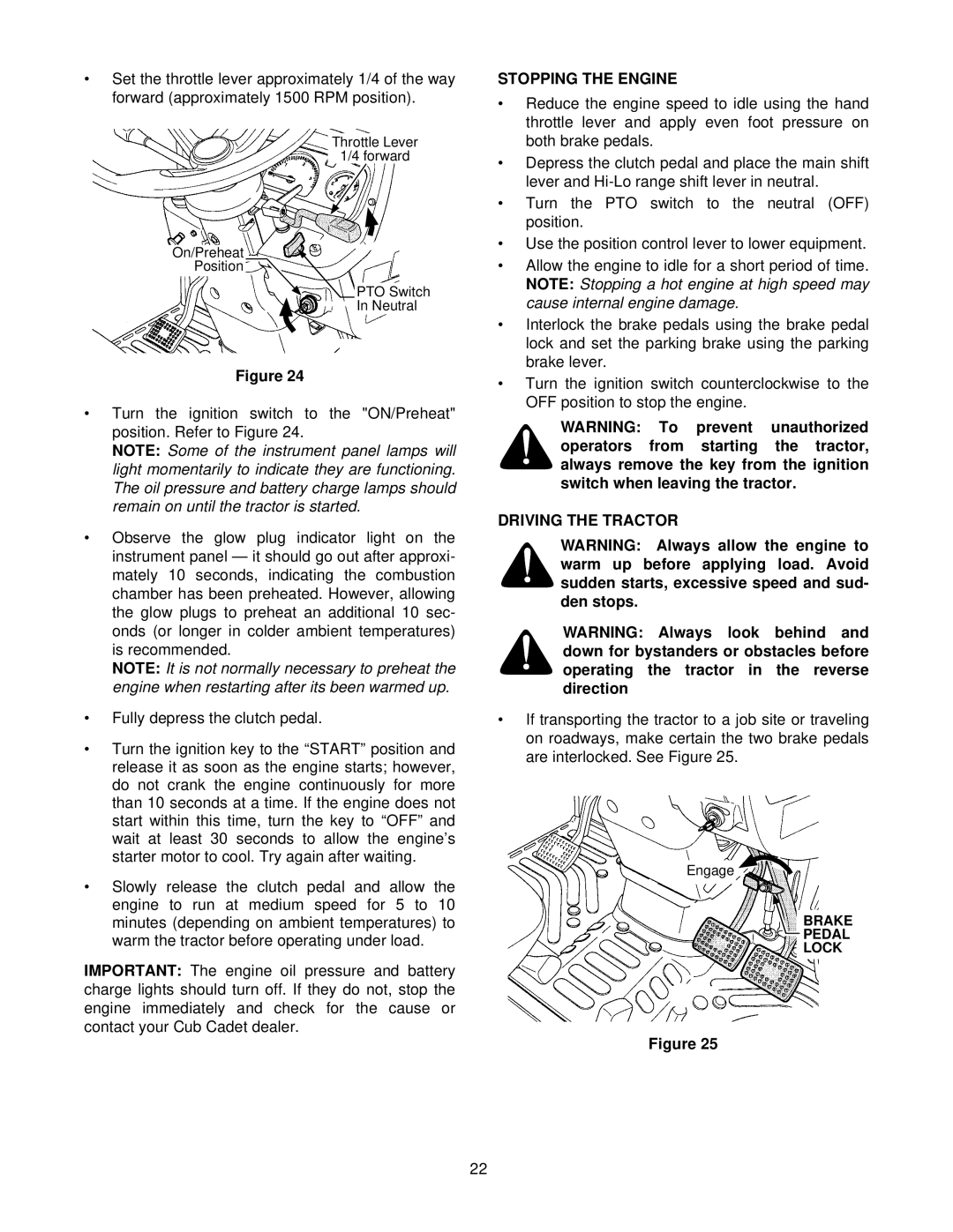 Cub Cadet 8454 manual Stopping the Engine, Driving the Tractor 