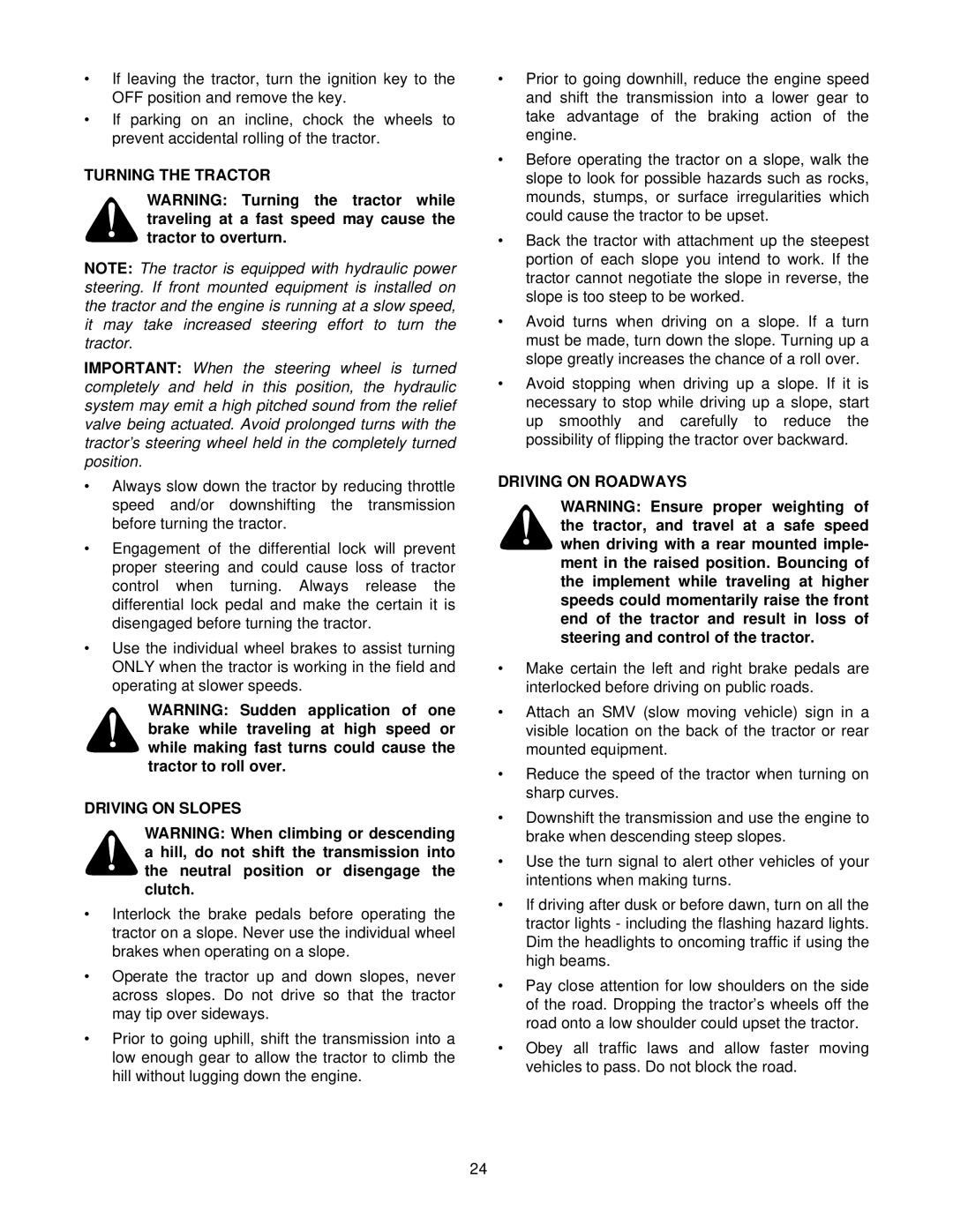 Cub Cadet 8454 manual Turning the Tractor, Driving on Slopes, Driving on Roadways 