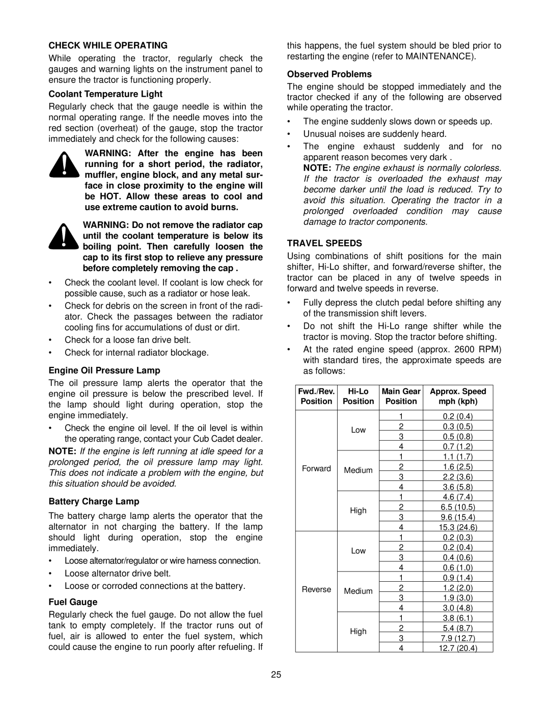 Cub Cadet 8454 manual Check While Operating, Travel Speeds 