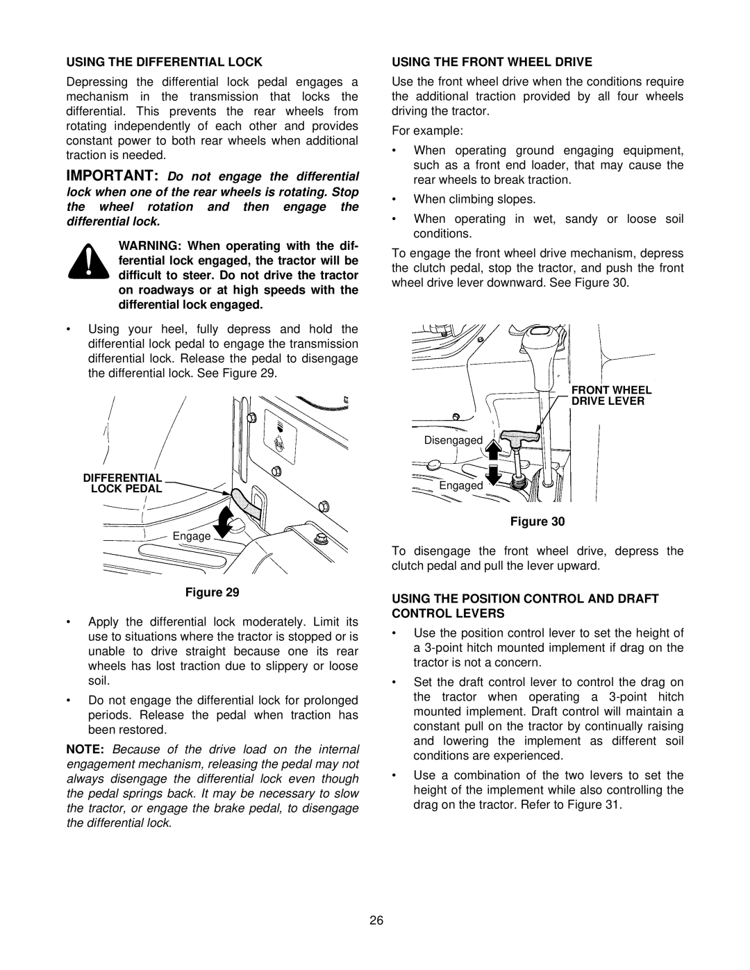 Cub Cadet 8454 manual Using the Differential Lock, Using the Front Wheel Drive 