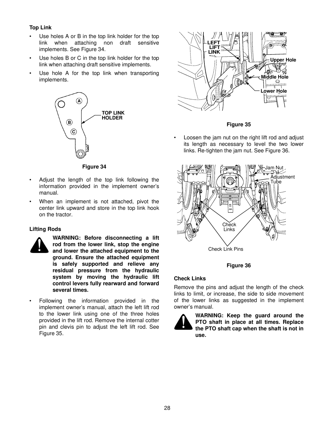 Cub Cadet 8454 manual Top Link, Lifting Rods, Check Links 