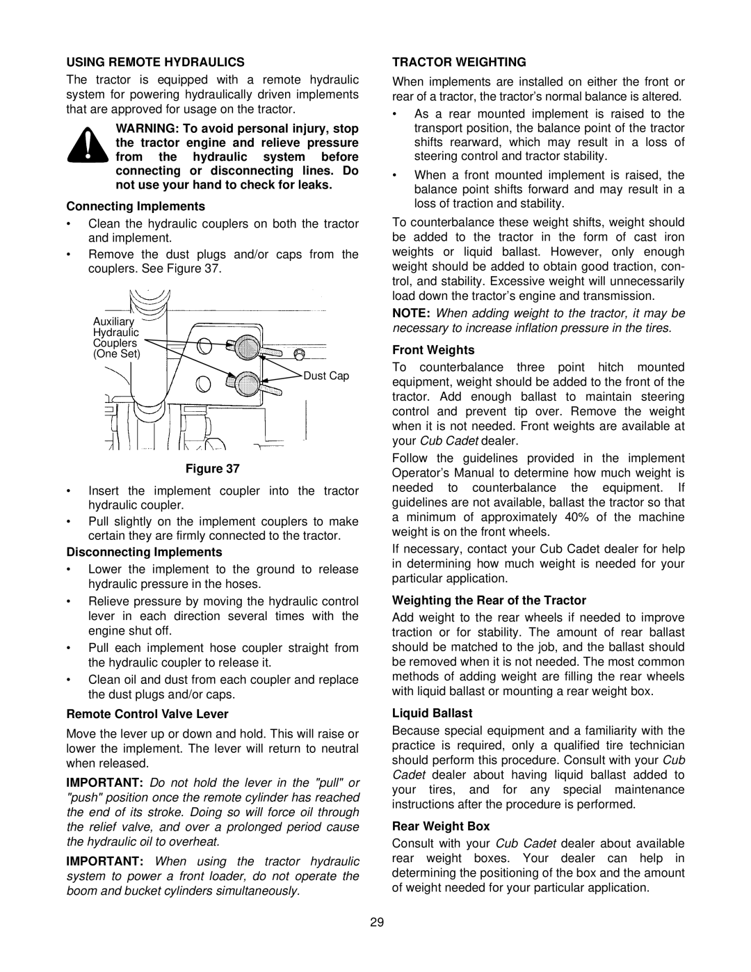 Cub Cadet 8454 manual Using Remote Hydraulics, Tractor Weighting 