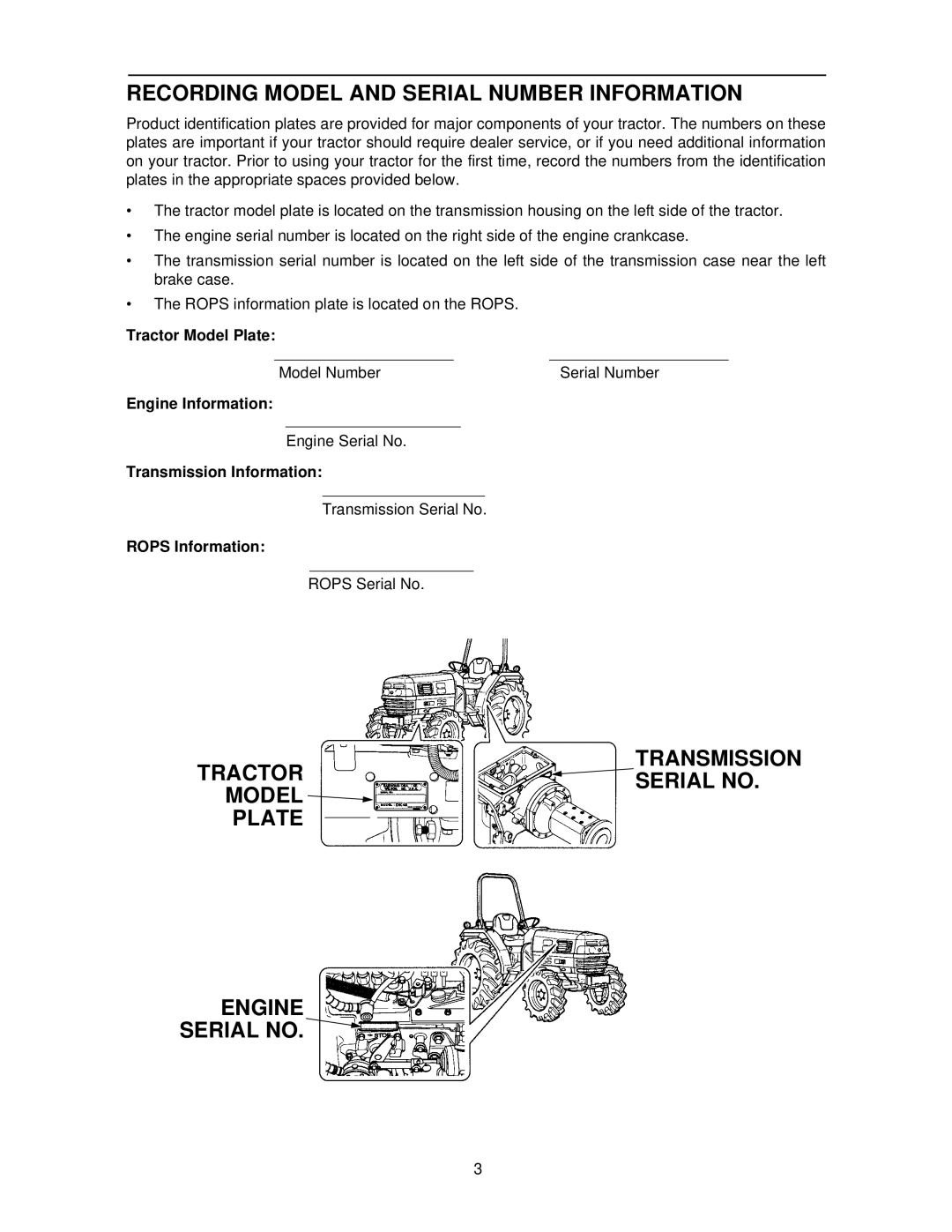 Cub Cadet 8454 Recording Model and Serial Number Information, Tractor Model Plate, Engine Information, Rops Information 