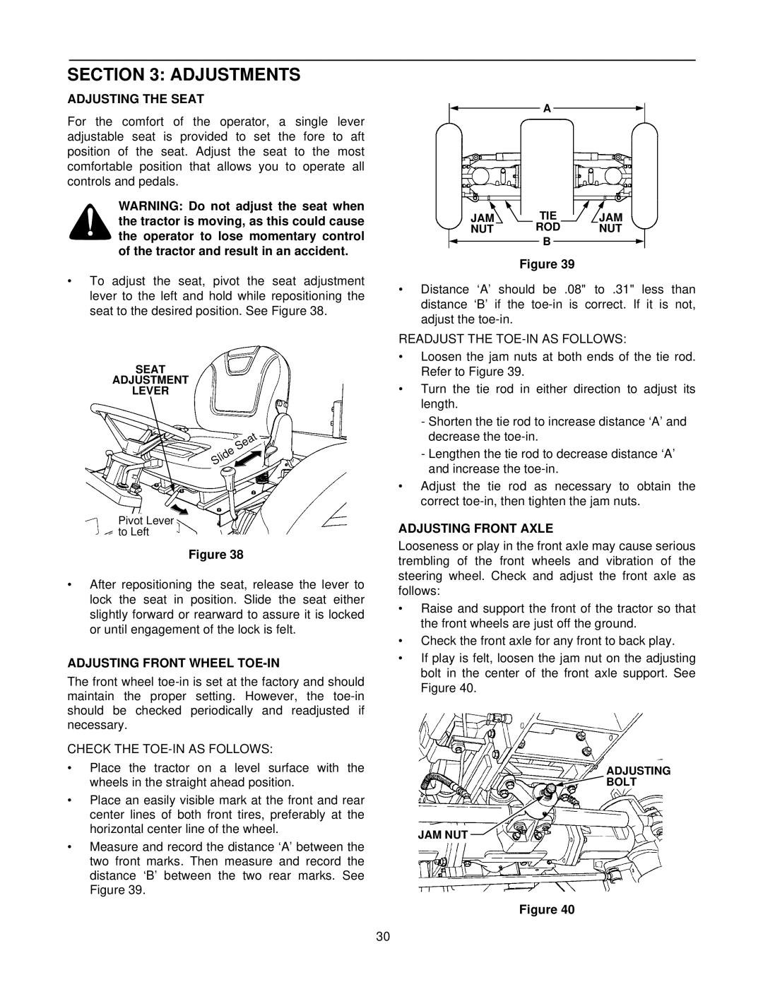 Cub Cadet 8454 manual Adjustments, Adjusting the Seat, Adjusting Front Wheel TOE-IN, Adjusting Front Axle 