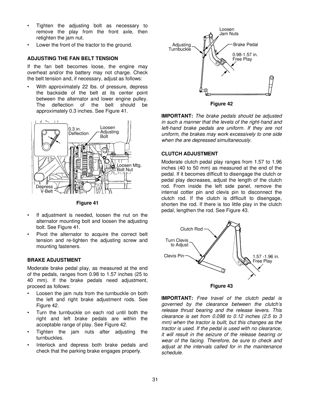 Cub Cadet 8454 manual Adjusting the FAN Belt Tension, Brake Adjustment, Clutch Adjustment 