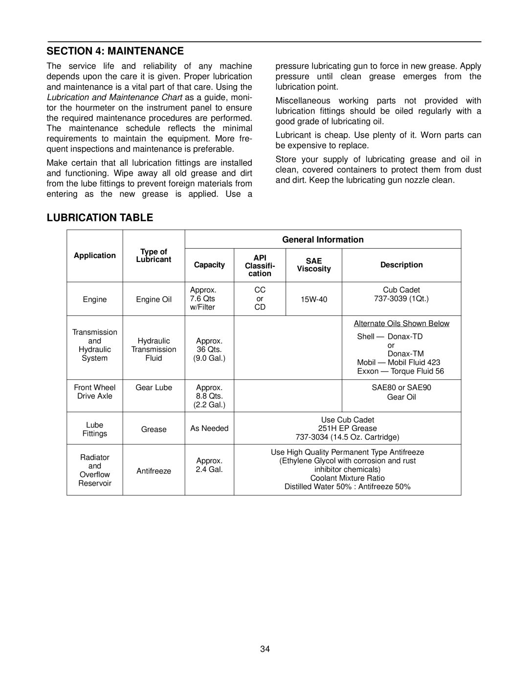 Cub Cadet 8454 manual Maintenance, Lubrication Table, General Information 