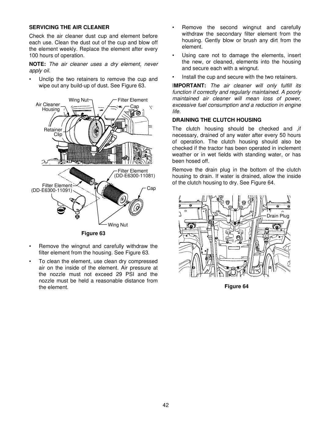 Cub Cadet 8454 manual Servicing the AIR Cleaner, Draining the Clutch Housing 