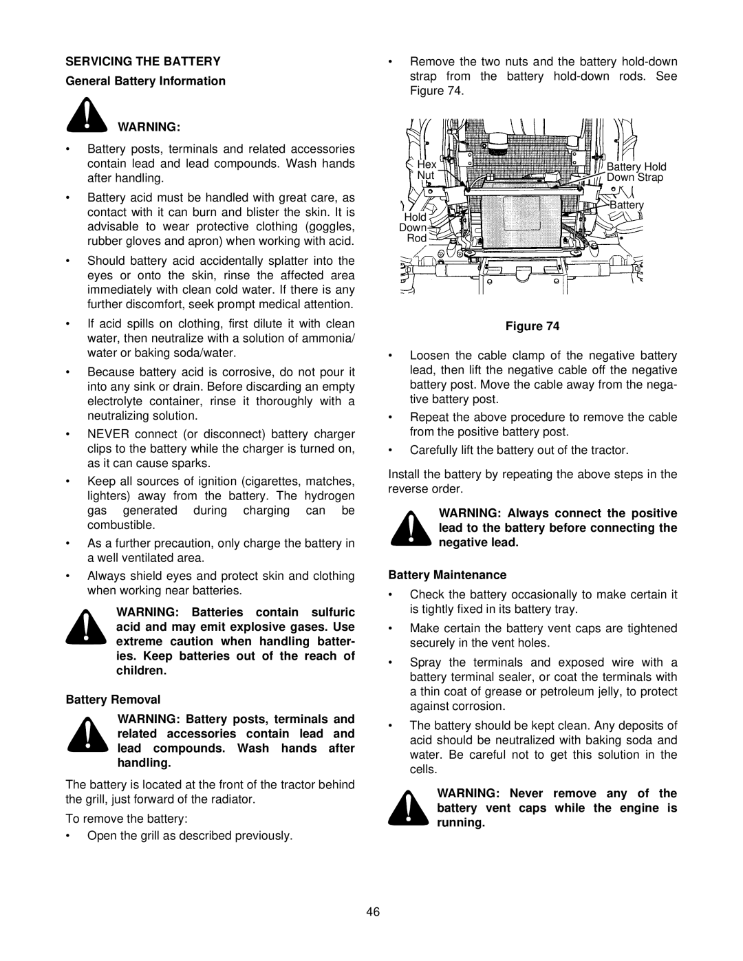 Cub Cadet 8454 manual Servicing the Battery, General Battery Information, Battery Removal, Battery Maintenance 