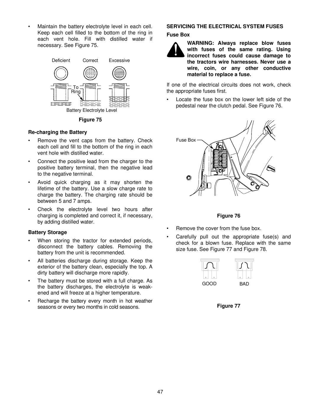 Cub Cadet 8454 manual Re-charging the Battery, Battery Storage, Servicing the Electrical System Fuses, Fuse Box 