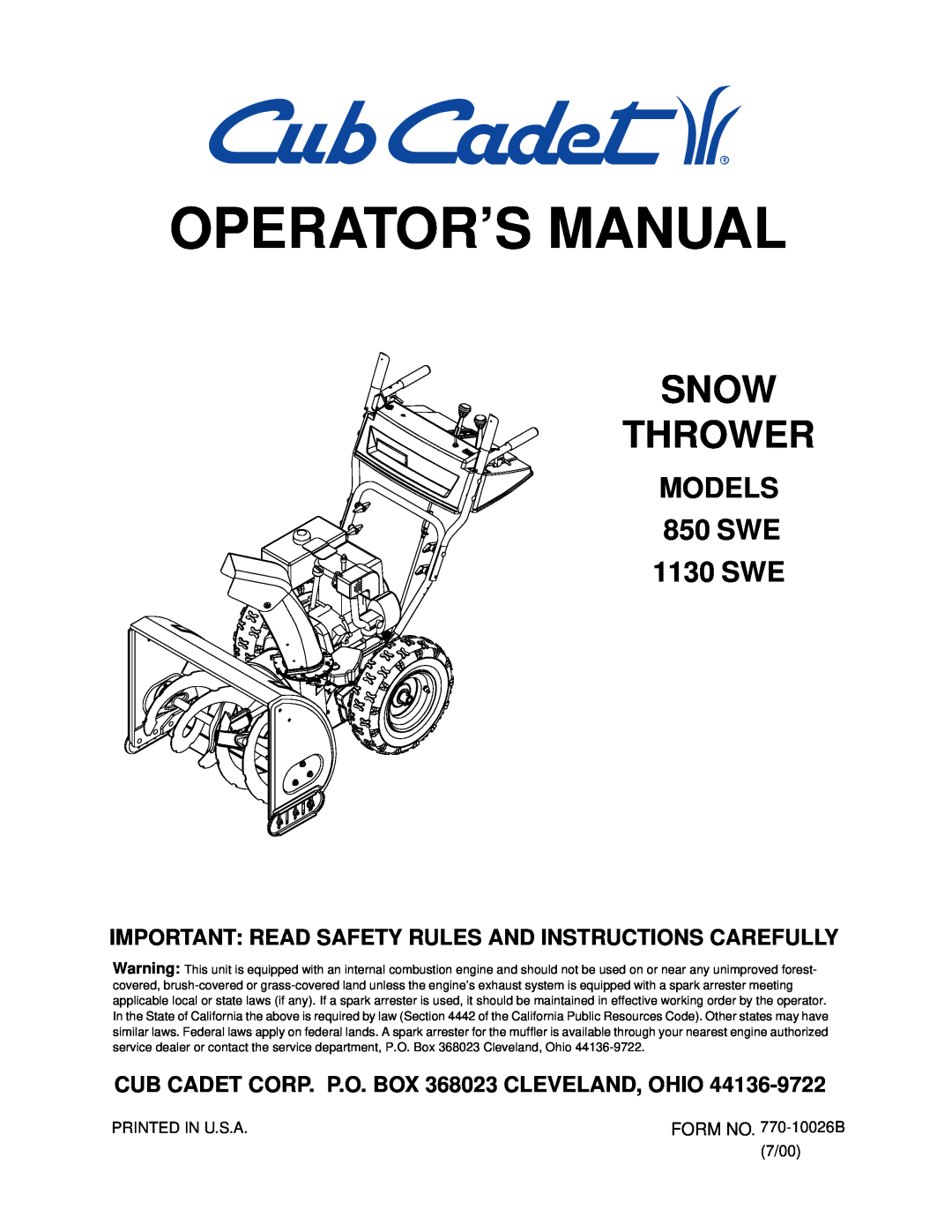 Cub Cadet manual Operator’S Manual, Snow Thrower, MODELS 850 SWE 1130 SWE 