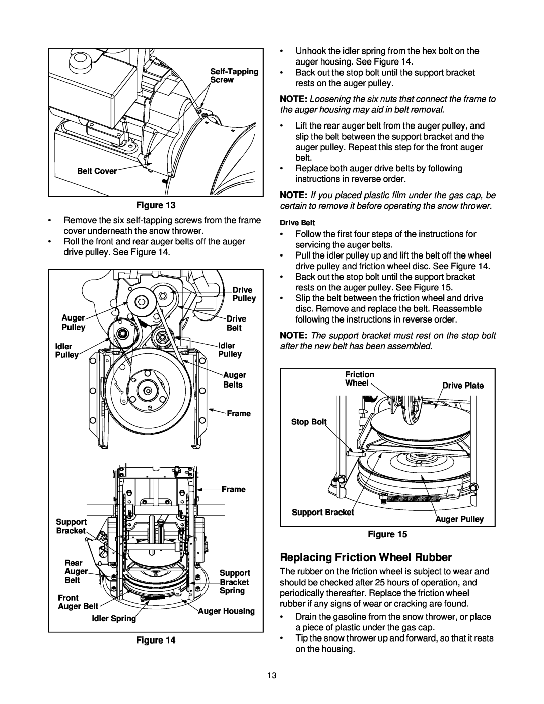 Cub Cadet 850 SWE manual Replacing Friction Wheel Rubber, Drive Belt 