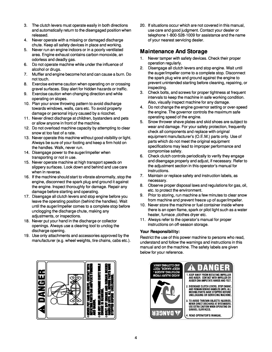 Cub Cadet 850 SWE manual Maintenance And Storage, Your Responsibility 