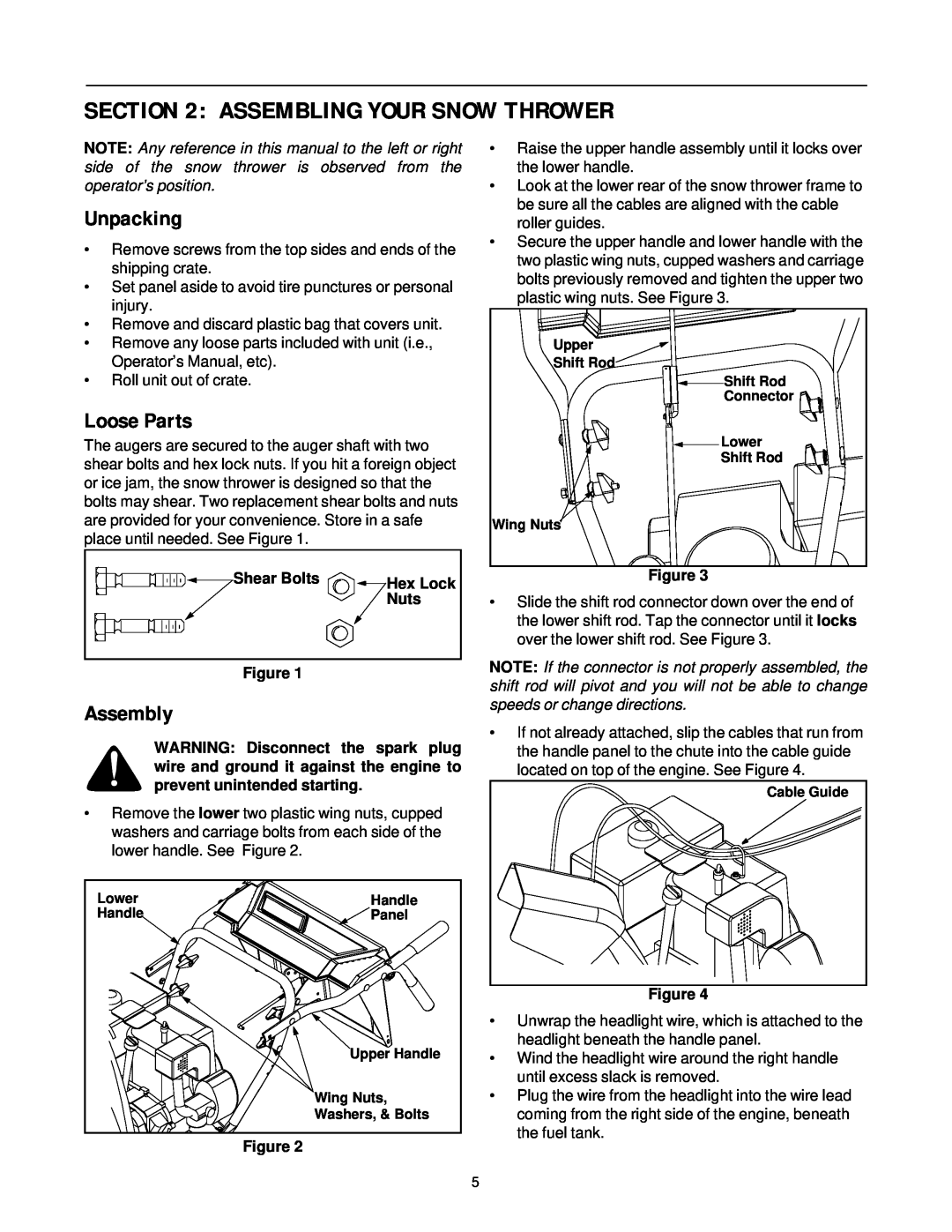 Cub Cadet 850 SWE manual Assembling Your Snow Thrower, Unpacking, Loose Parts, Assembly, Shear Bolts, Hex Lock, Nuts 