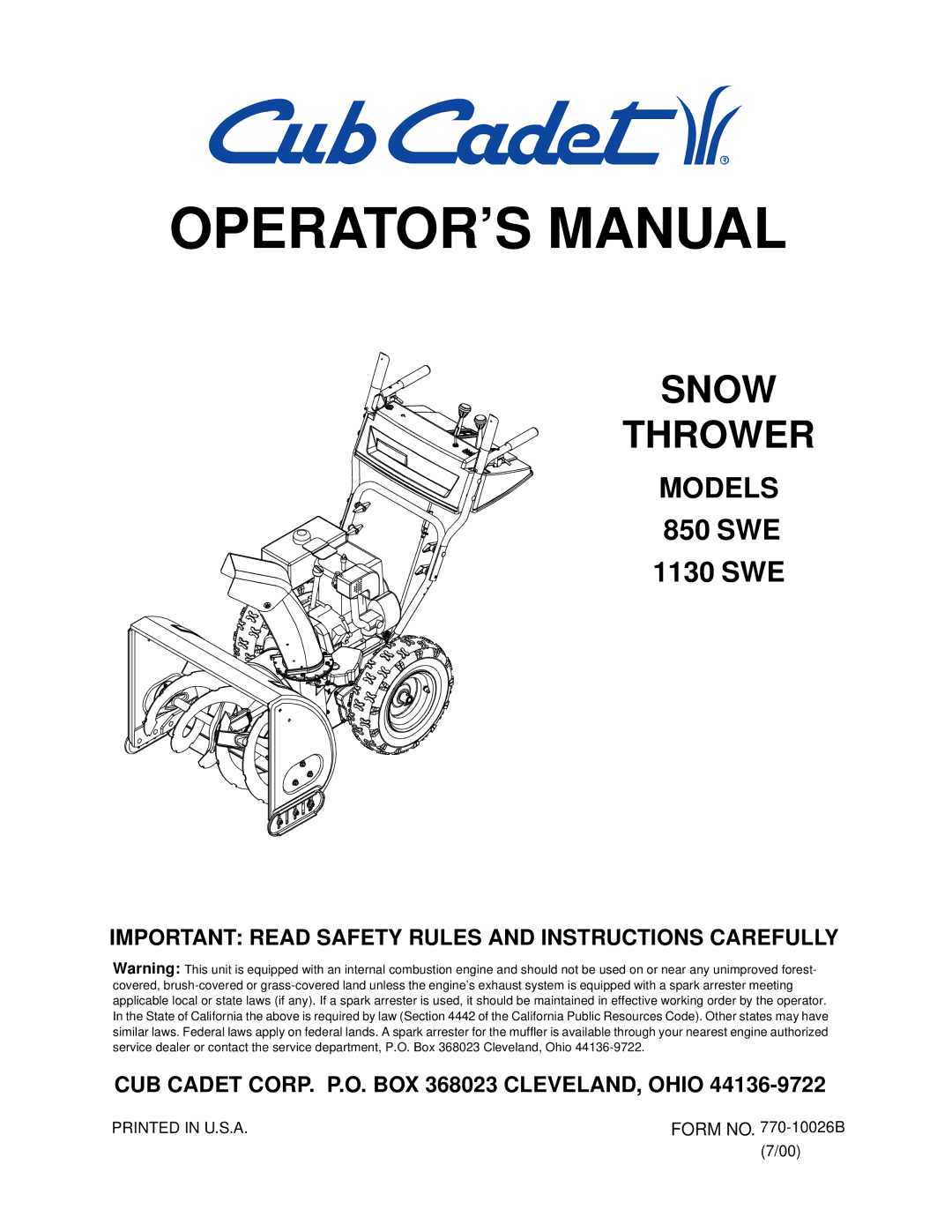 Cub Cadet 850 SWE manual OPERATOR’S Manual 