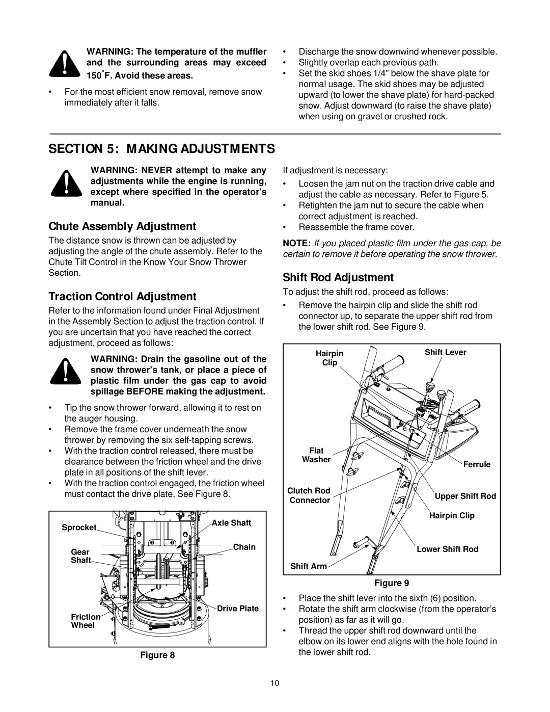 Cub Cadet 850 SWE manual Chute Assembly Adjustment, Traction Control Adjustment, Shift Rod Adjustment 