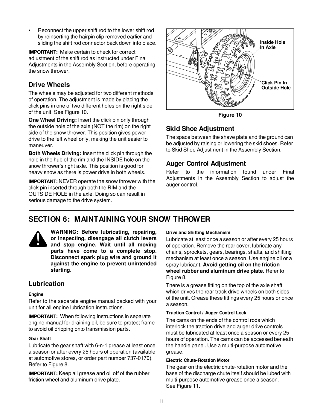 Cub Cadet 850 SWE Maintaining Your Snow Thrower, Drive Wheels, Skid Shoe Adjustment, Auger Control Adjustment, Lubrication 