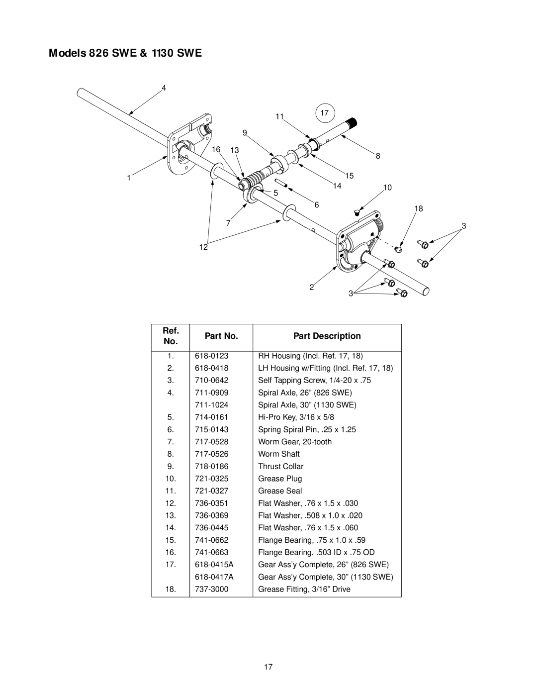 Cub Cadet 850 SWE manual Models 826 SWE & 1130 SWE, Part Description 