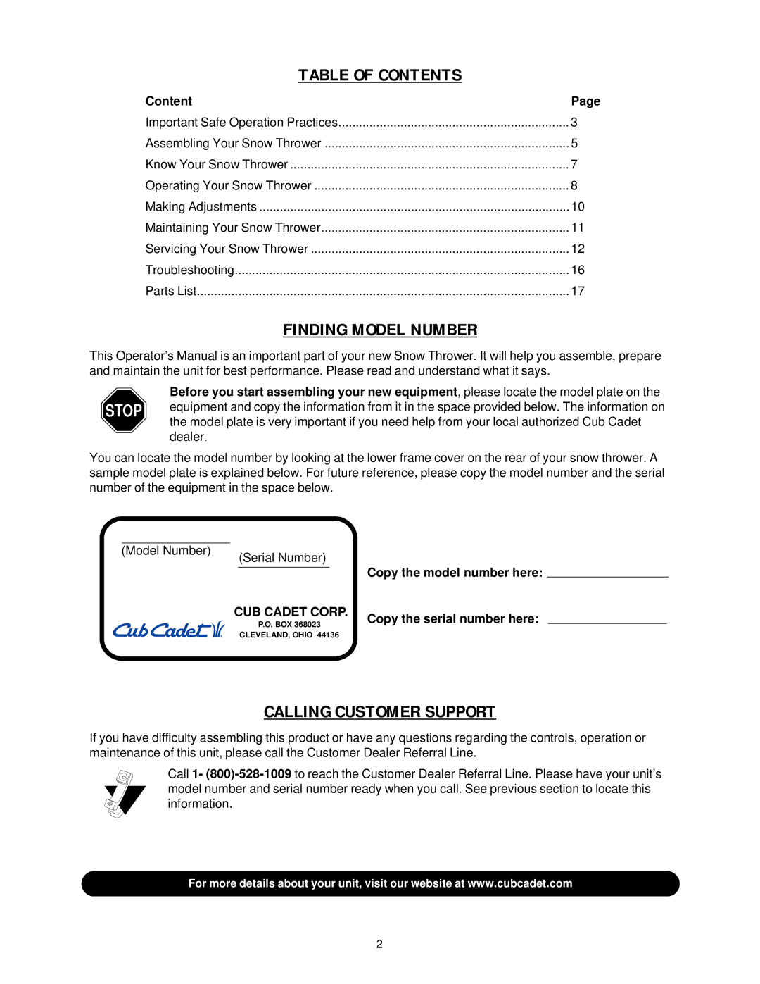 Cub Cadet 850 SWE manual Table of Contents 