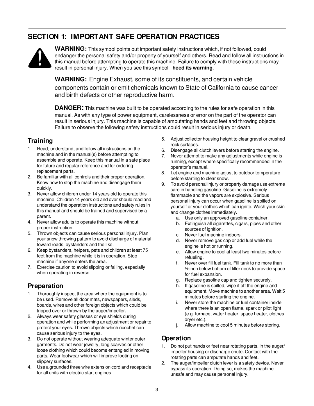 Cub Cadet 850 SWE manual Important Safe Operation Practices, Training, Preparation 