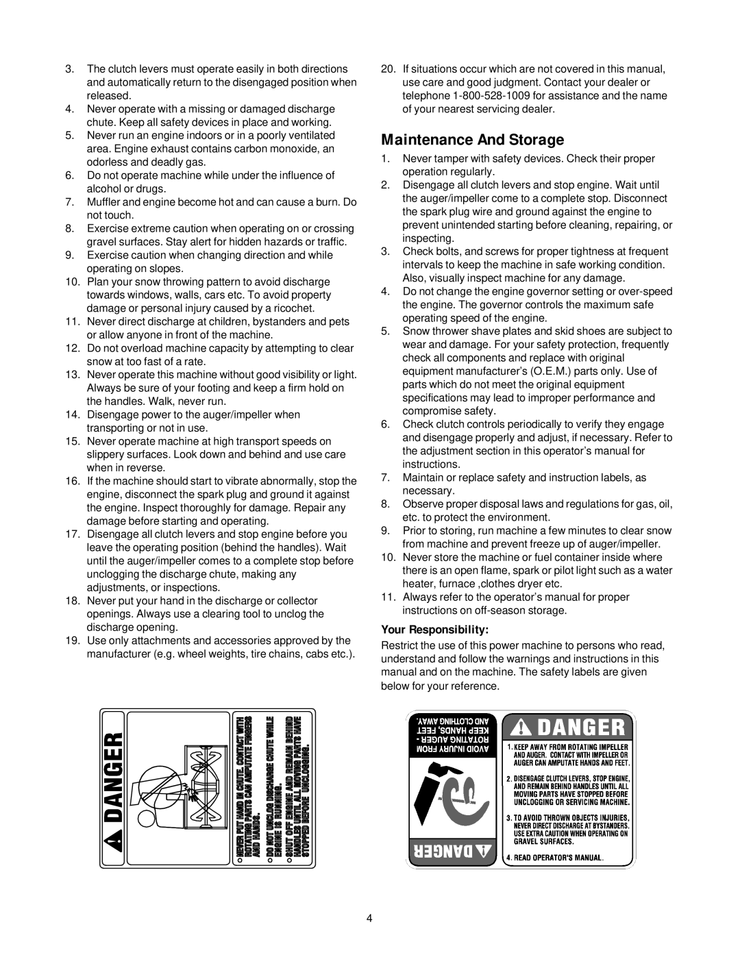 Cub Cadet 850 SWE manual Maintenance And Storage, Your Responsibility 