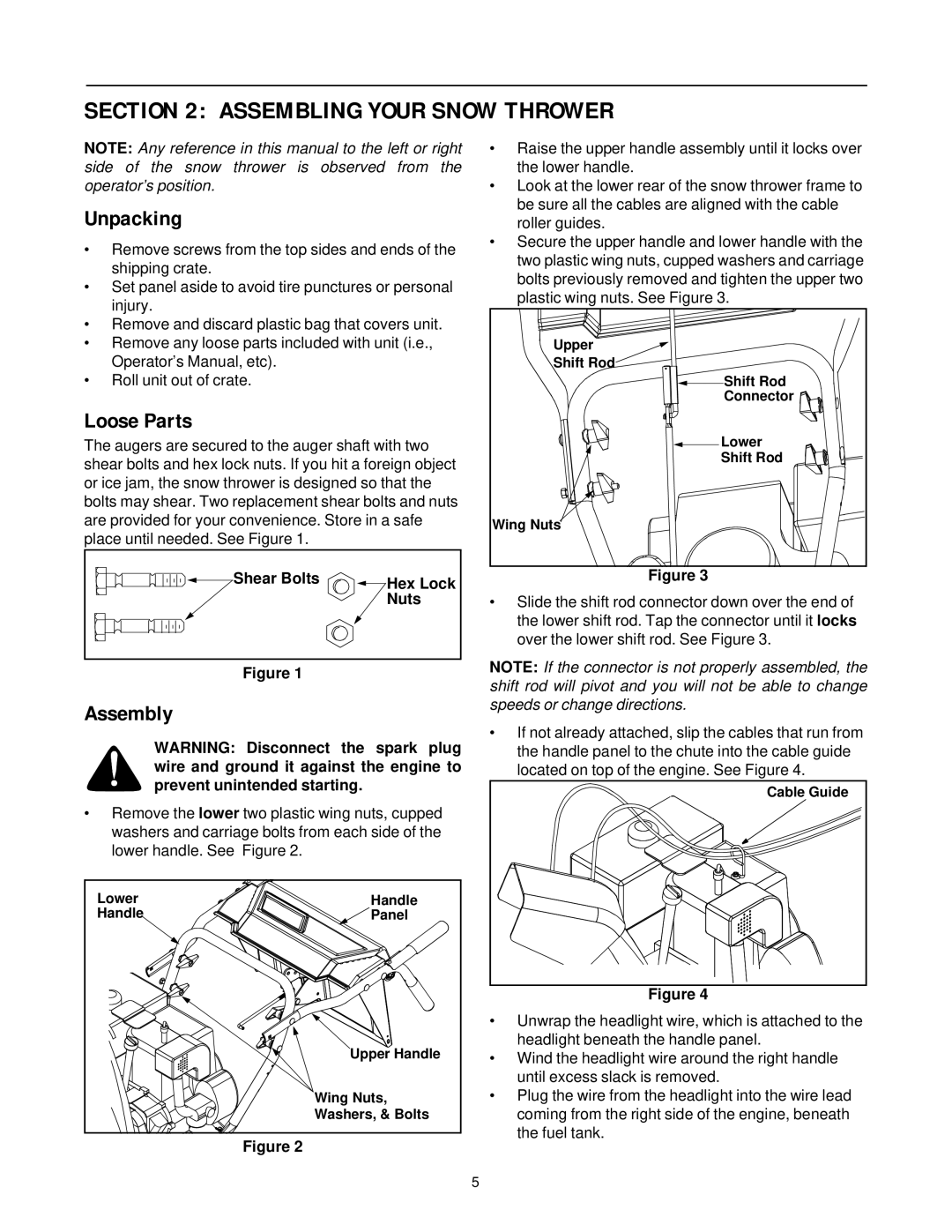 Cub Cadet 850 SWE manual Assembling Your Snow Thrower, Unpacking, Loose Parts, Assembly 