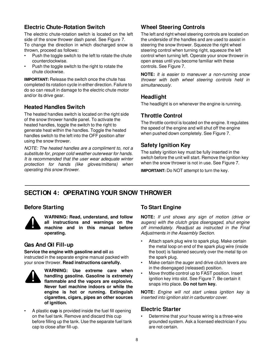 Cub Cadet 850 SWE manual Operating Your Snow Thrower 