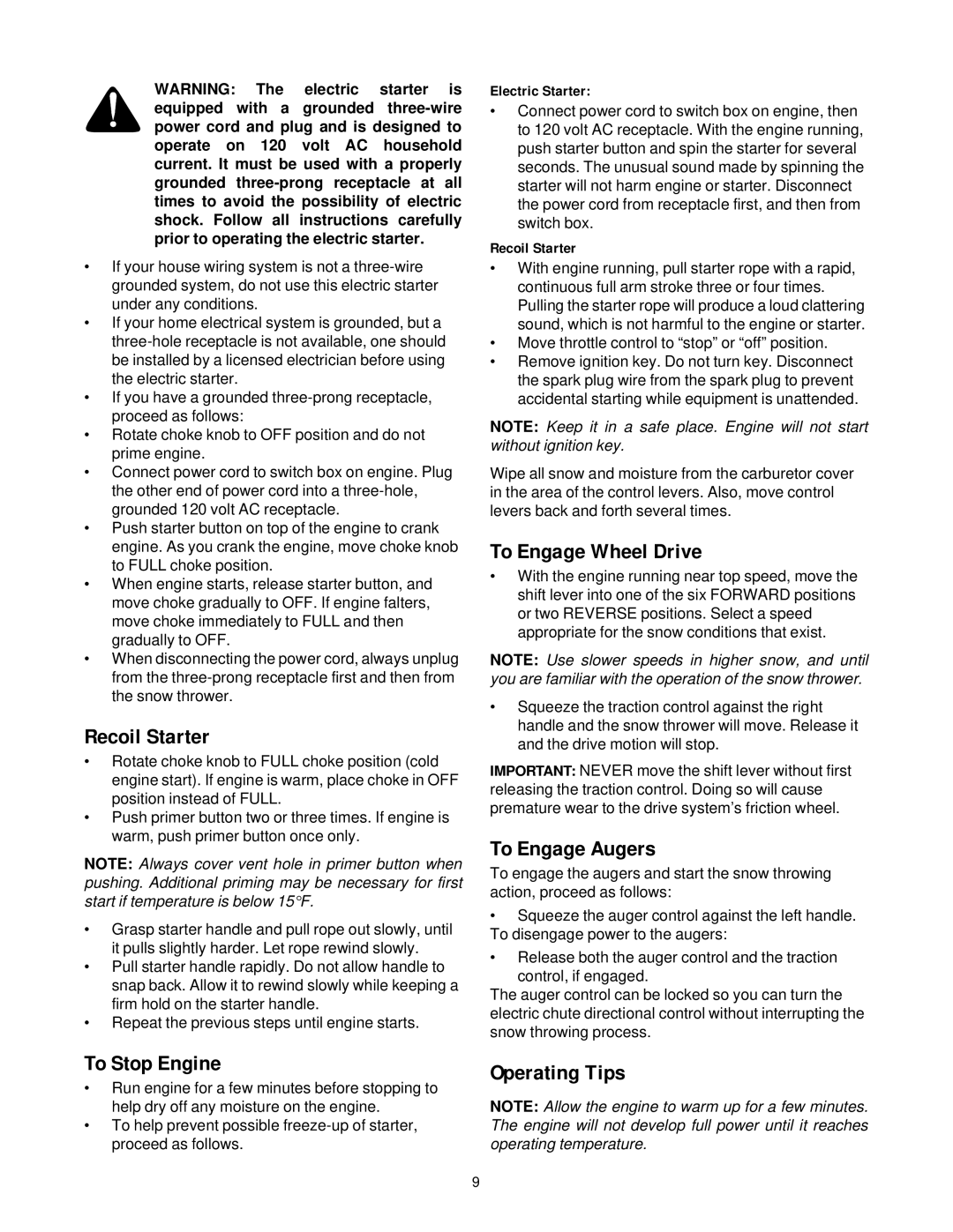 Cub Cadet 850 SWE manual Recoil Starter, To Stop Engine, To Engage Wheel Drive, To Engage Augers, Operating Tips 