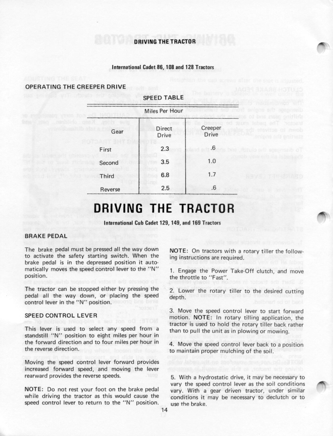 Cub Cadet 108, 86, 128, 129, 169, 149 manual 