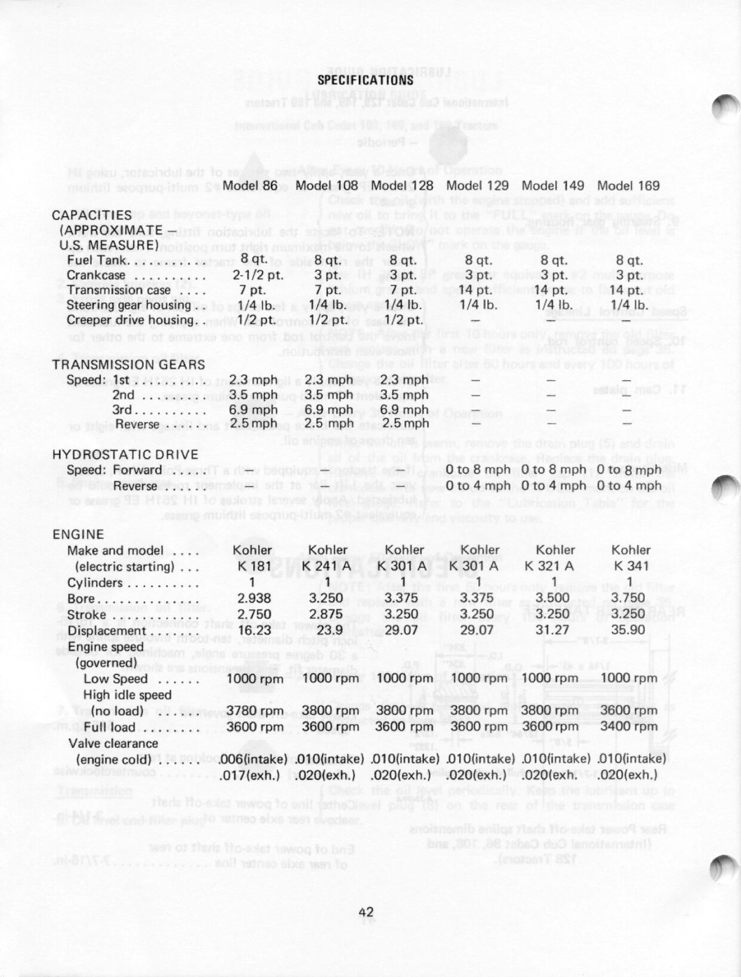 Cub Cadet 169, 86, 128, 129, 149, 108 manual 