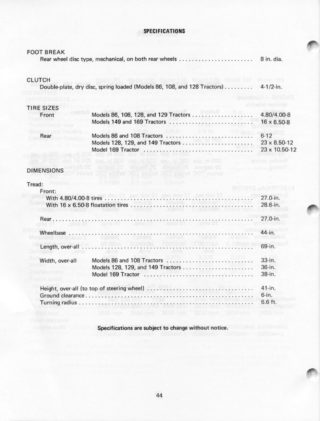 Cub Cadet 108, 86, 128, 129, 169, 149 manual 