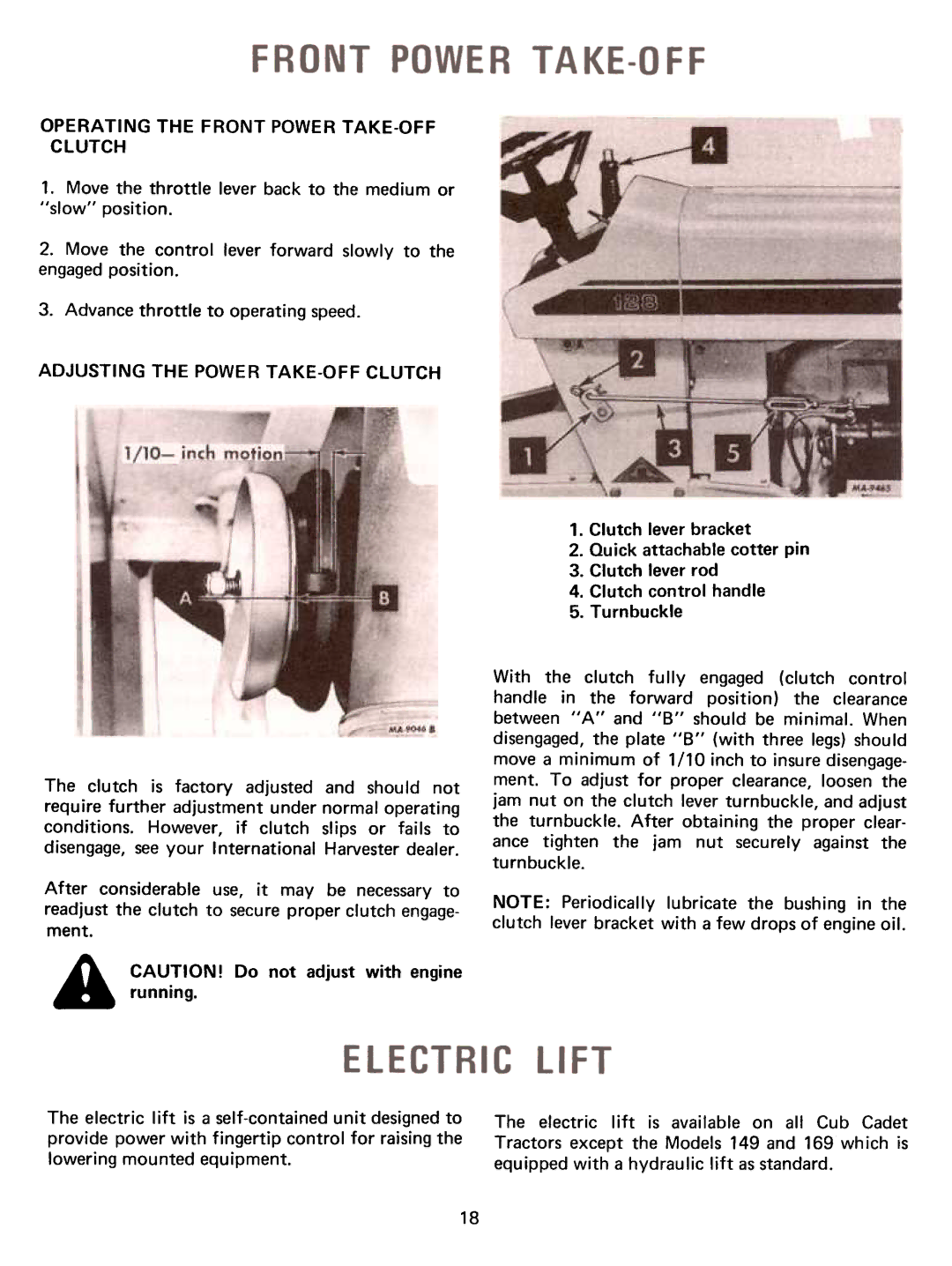 Cub Cadet 129, 86, 128, 169, 149, 108 manual Clutch, Advancethrottle to operating speed 