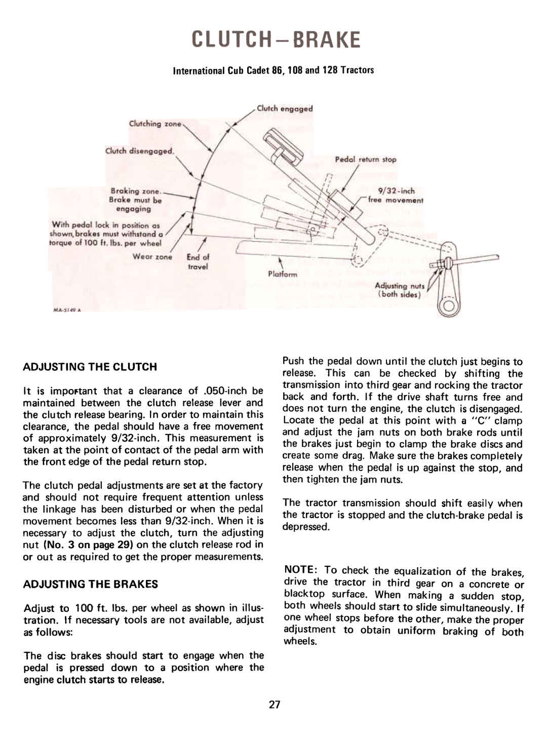 Cub Cadet 108, 86, 128, 129, 169, 149 manual Adjusting the Clutch, Brakes 