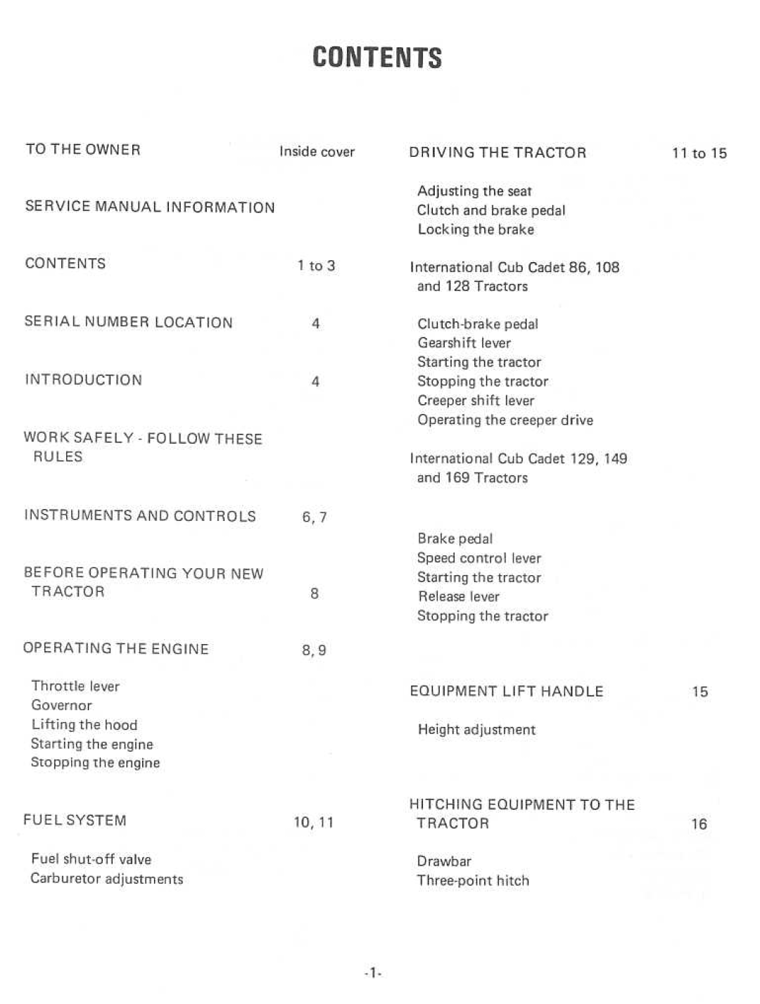 Cub Cadet 169, 86, 128, 129, 149, 108 manual 