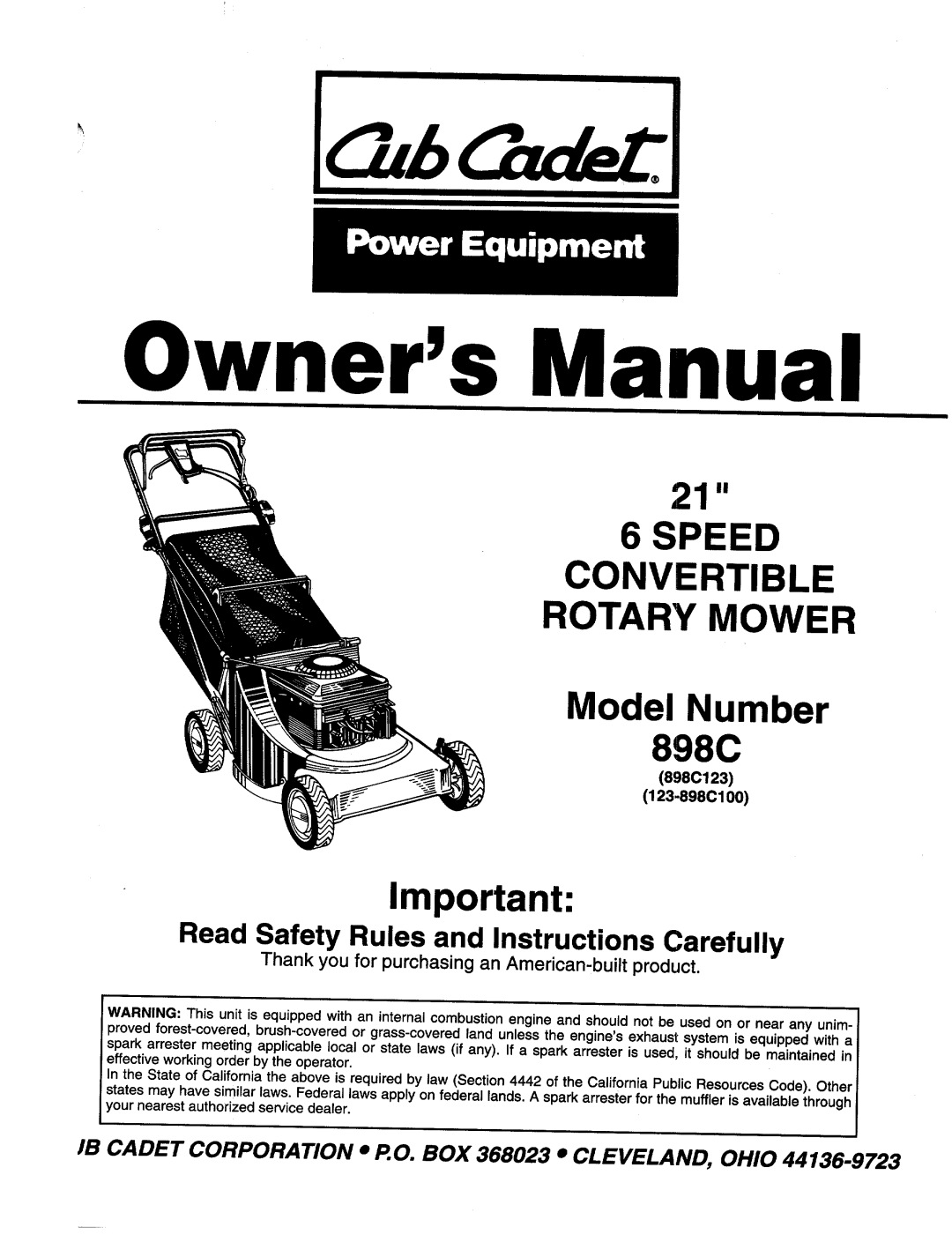 Cub Cadet 898C manual 