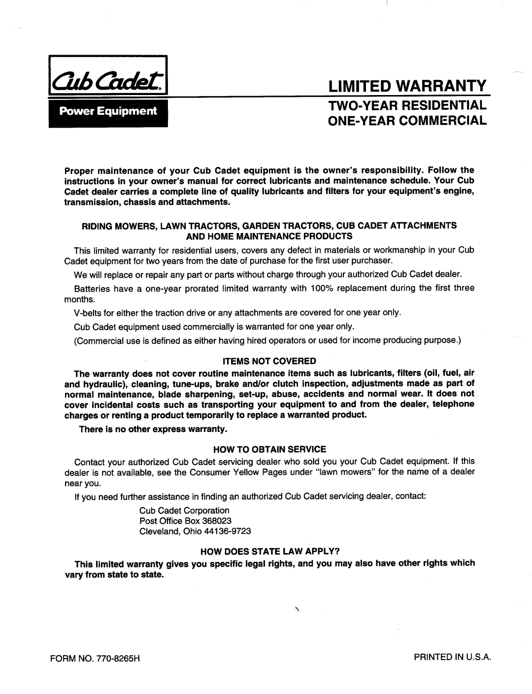 Cub Cadet 898E manual 