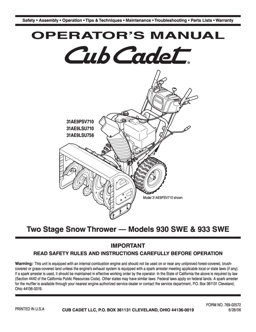 Cub Cadet warranty Operator’S Manual, Two Stage Snow Thrower - Models 930 SWE & 933 SWE 