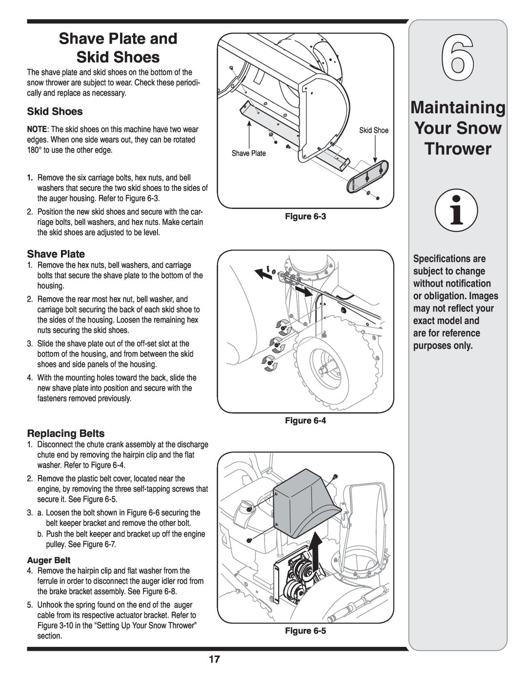 Cub Cadet 933 SWE Maintaining, Thrower, Your Snow, Shave Plate and Skid Shoes, Replacing Belts, Auger Belt, Figure Figure 