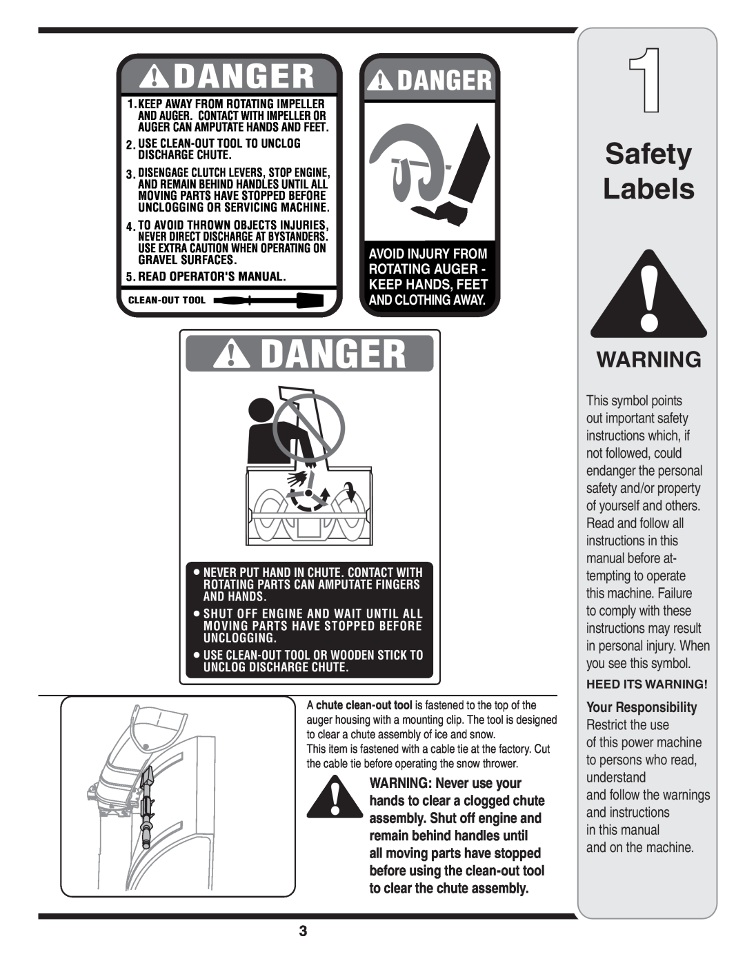 Cub Cadet 933 SWE, 930 SWE Safety Labels, Your Responsibility, Restrict the use, in this manual and on the machine, $!.%2 