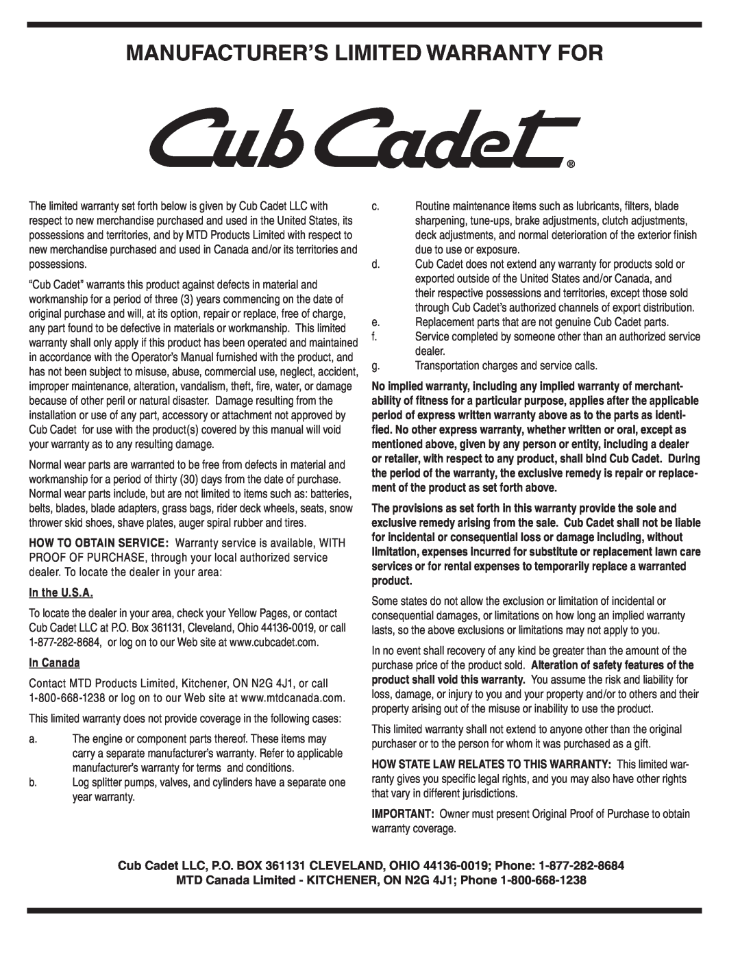 Cub Cadet 930 SWE, 933 SWE warranty Manufacturer’S Limited Warranty For, In the U.S.A, In Canada 