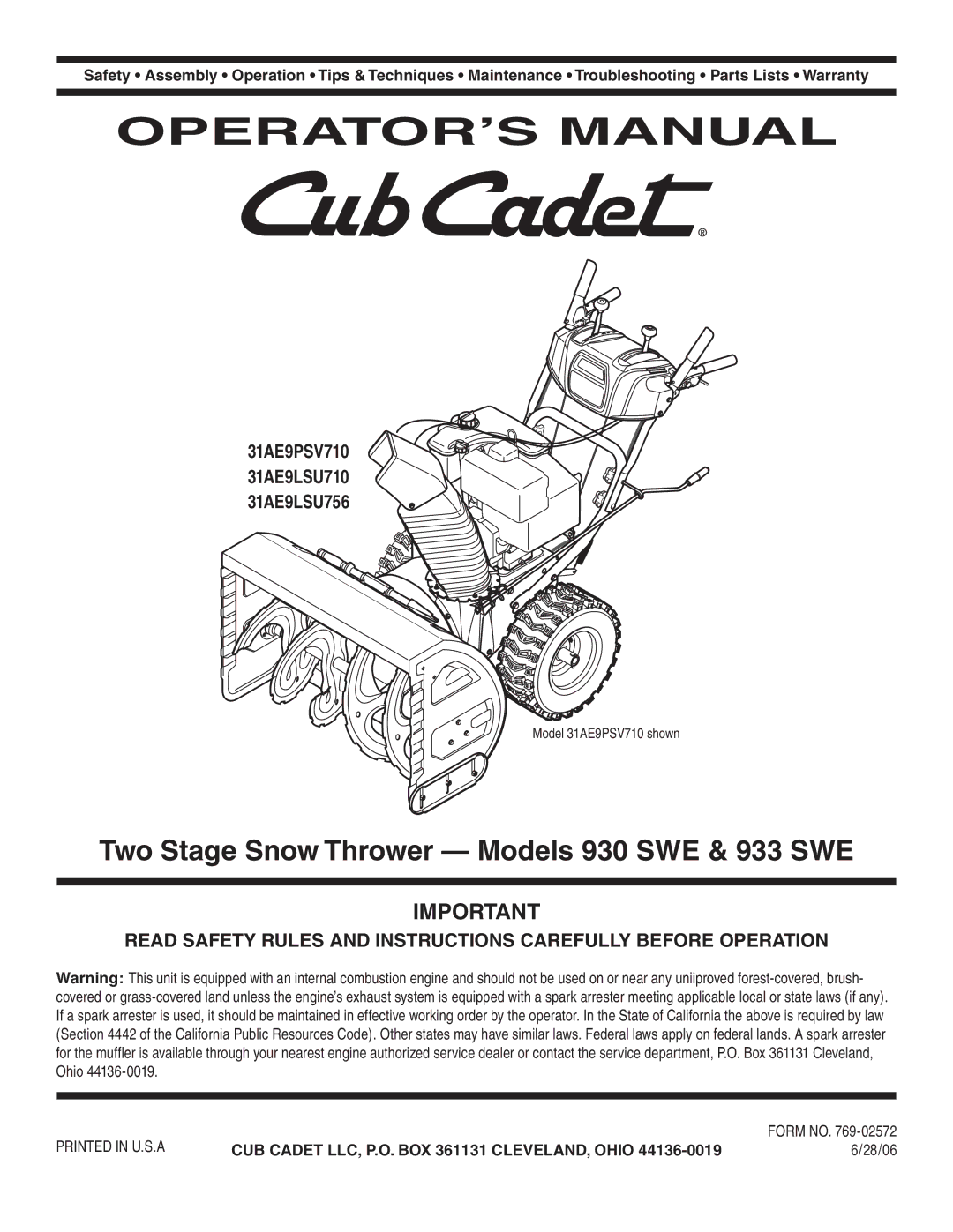 Cub Cadet warranty Two Stage Snow Thrower Models 930 SWE & 933 SWE, 31AE9PSV710 31AE9LSU710 31AE9LSU756, 28/06 