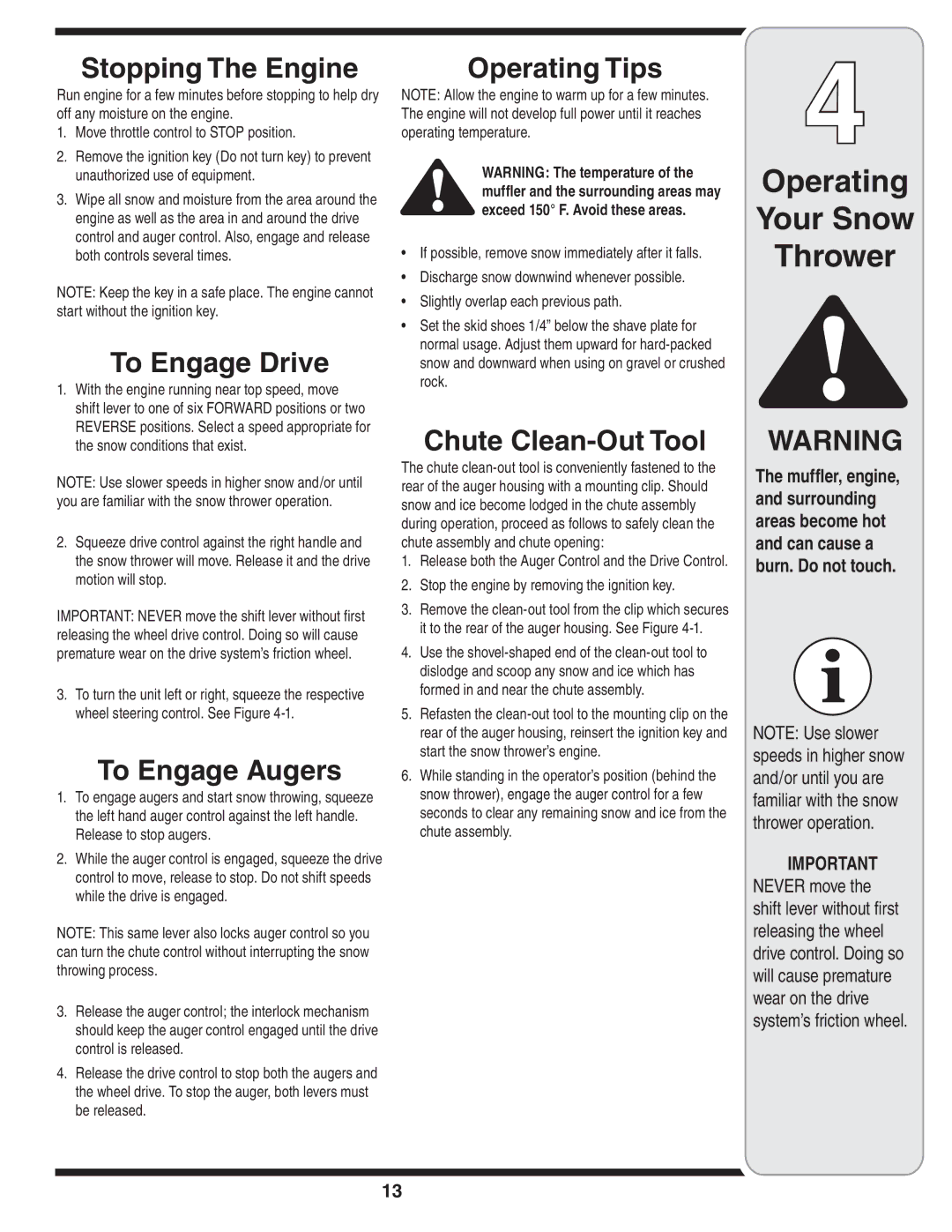 Cub Cadet 933 SWE, 930 SWE Stopping The Engine, To Engage Drive, To Engage Augers, Operating Tips, Chute Clean-Out Tool 