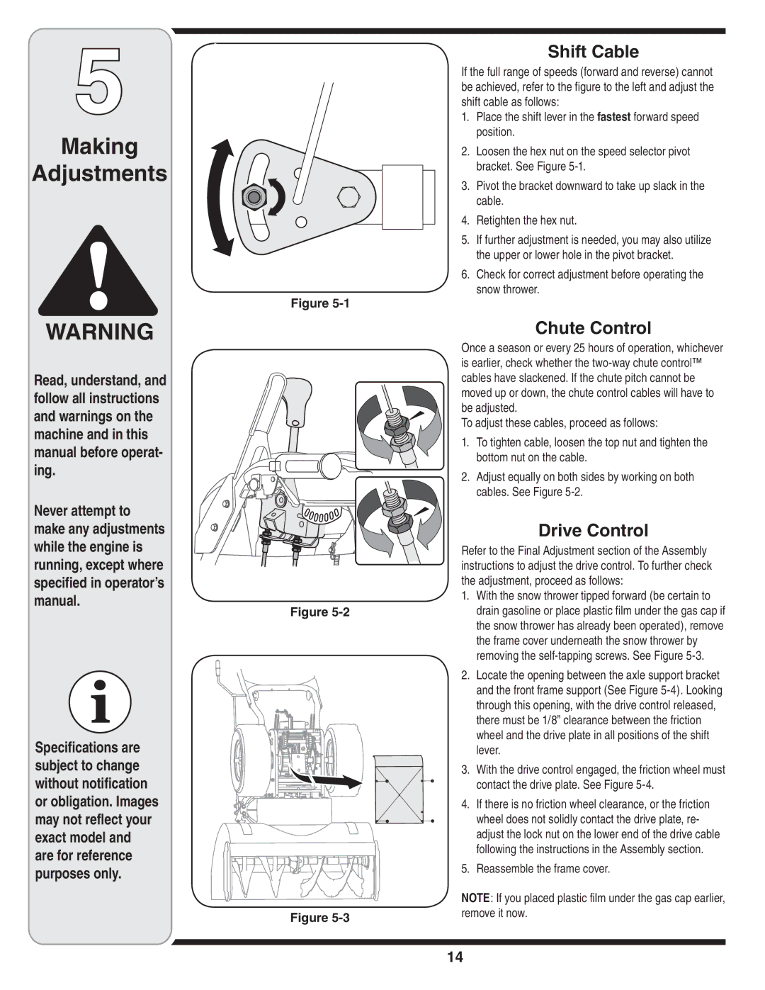 Cub Cadet 930 SWE, 933 SWE Making Adjustments, Shift Cable, Chute Control, Drive Control, Reassemble the frame cover 