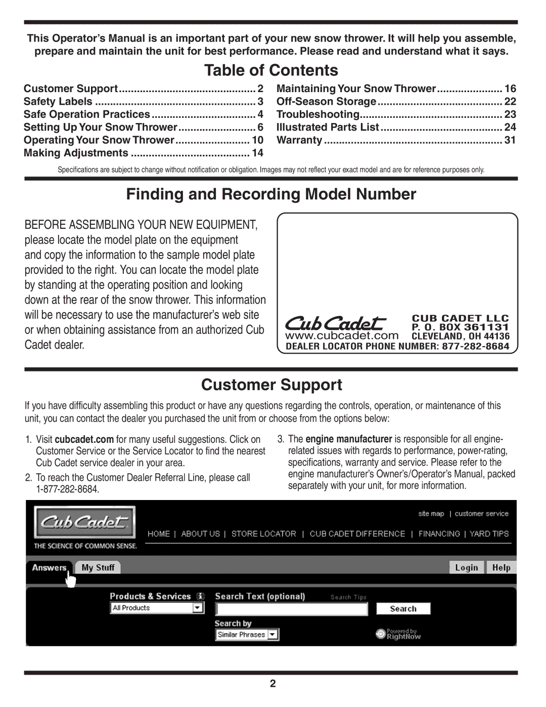 Cub Cadet 930 SWE, 933 SWE warranty Table of Contents, Finding and Recording Model Number, Customer Support 