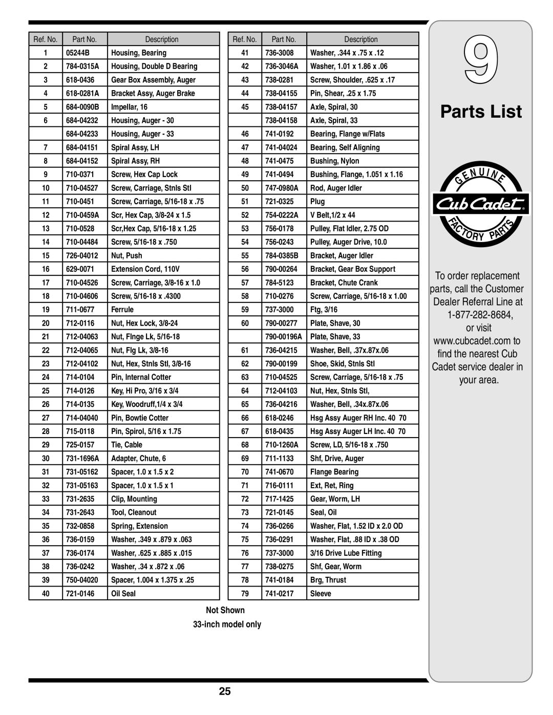 Cub Cadet 933 SWE, 930 SWE Parts List, To order replacement, Or visit, Parts, call the Customer Dealer Referral Line at 