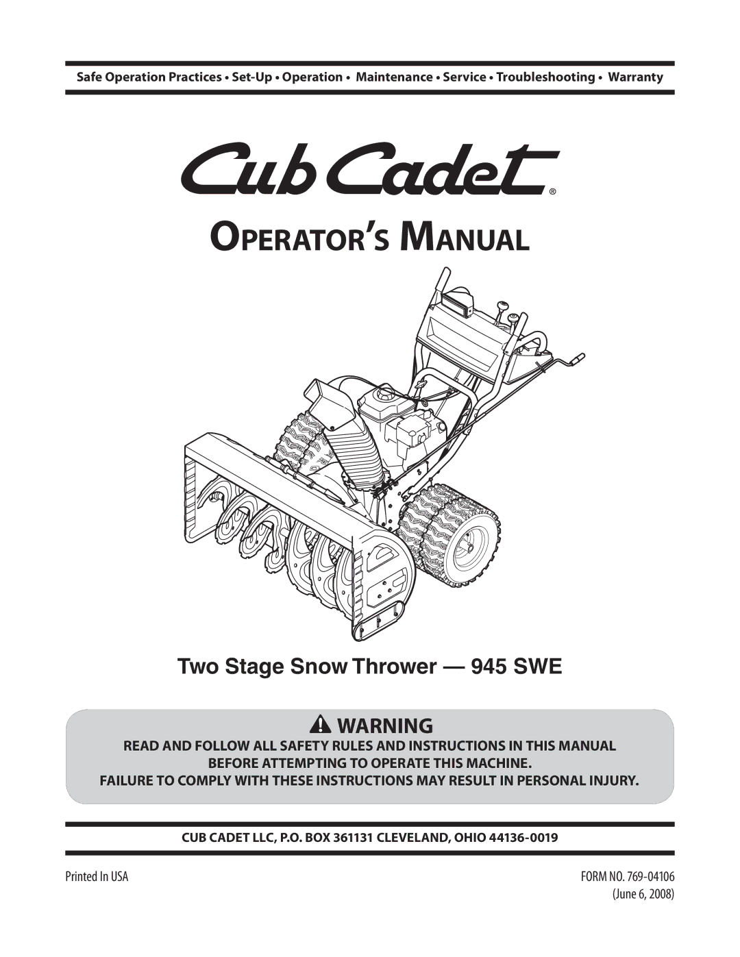 Cub Cadet 928 SWE, 945 SWE warranty Operator’s Manual 